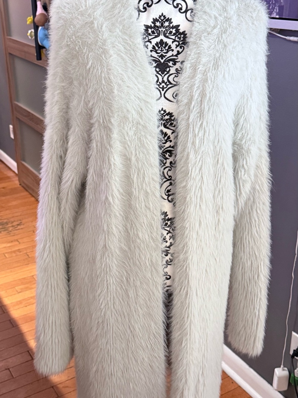 AKIRA Light gray Faux-Fur Long Open Cardigan
